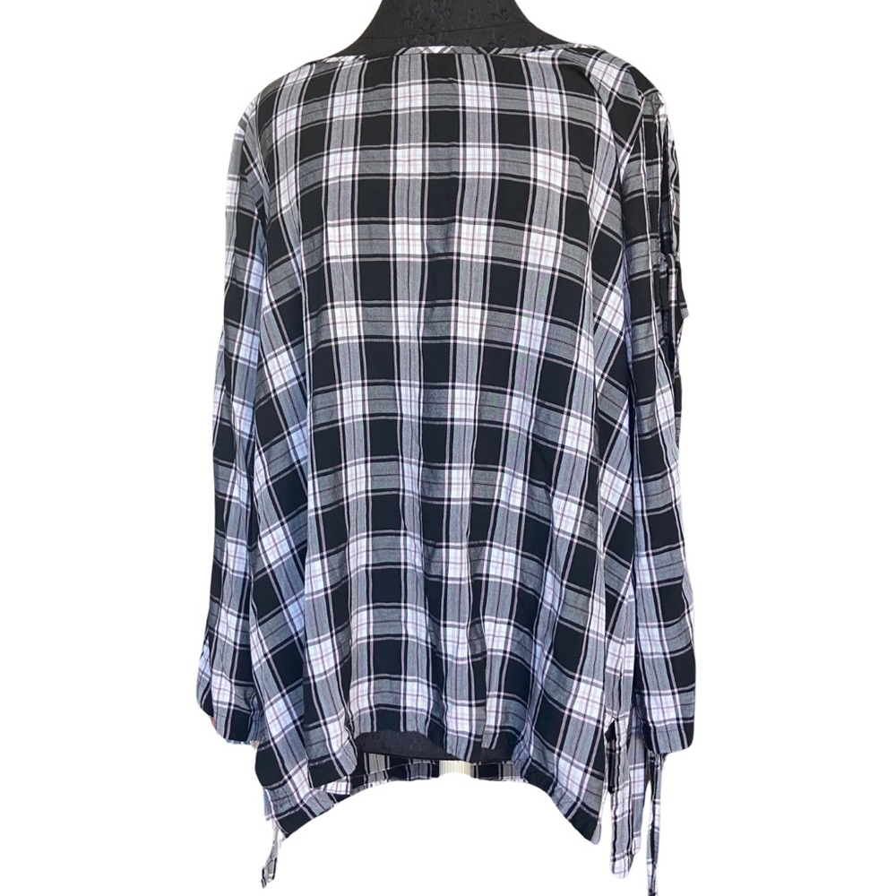 Loft Black Pink Plaid Tie Sleeve Side Slit Crewneck Flowy Pullover Top XL